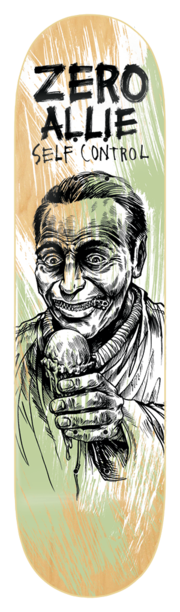 Zero Self Control - Allie 8.5 skateboard deck: Black ink illustration of a man with a zipped-shut mouth holding a dripping ice cream cone, on a pale green and tan scratchy background. 'ZERO ALLIE' in bold hand-lettering with 'SELF CONTROL' beneath.