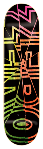Zero Wimer Bold 8.0 skateboard deck: Large Zero lettering in a bold outline typeface, cracked across by shattered-glass lines, filled with a pink, orange and yellow-green gradient on a black deck.