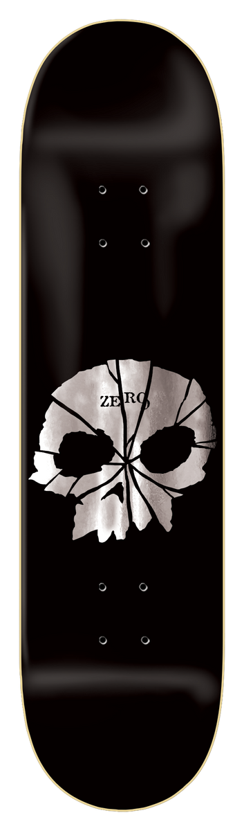 Zero Shattered Single Skull (Silver Foil) skateboard deck: A single silver foil skull with cracked, shattered glass lines across it and the Zero name printed on its forehead, centred on a glossy black deck.