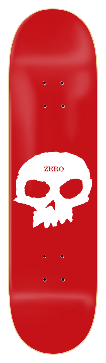 Zero Single Skull - Red/White skateboard deck: Large white ragged-edged skull on a solid red deck, with the brand name printed in red across the forehead.