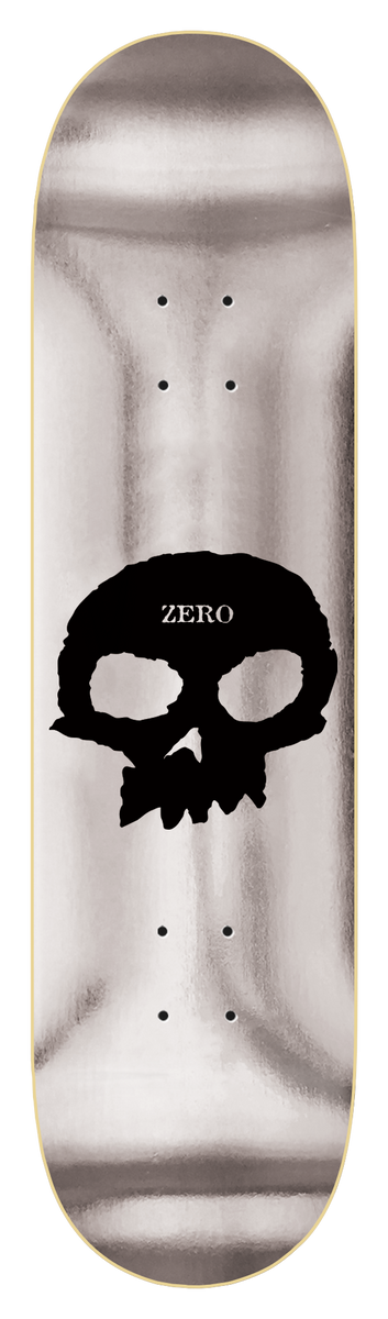 Zero Single Skull - Silver Foil skateboard deck: Black hand-cut skull with the Zero name on its forehead, printed on a brushed silver foil deck.