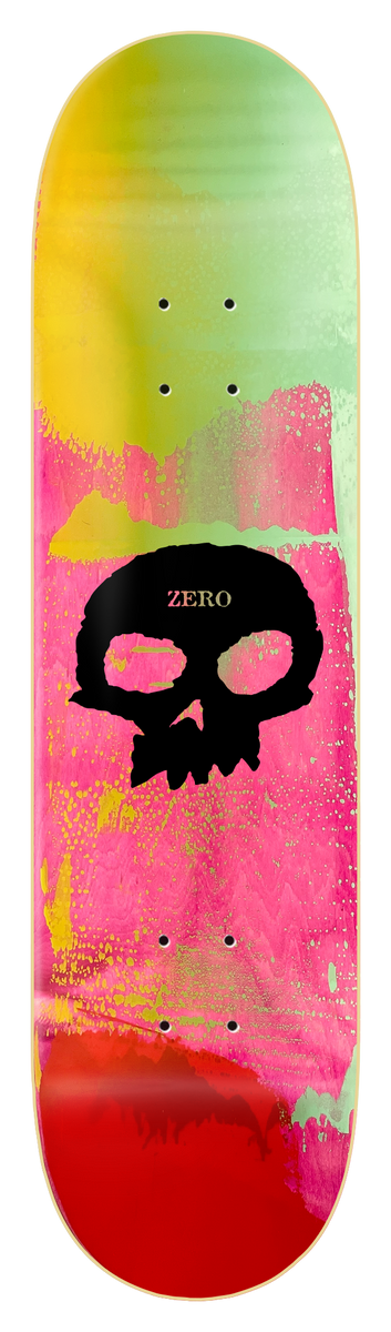 Zero One - Off Hand Screened Single Skull - Black Skull skateboard deck: Black Zero single skull logo on a hand-screened background of smeared pink, yellow, green and red paint.