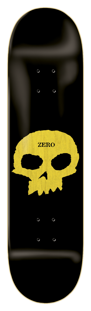 Zero Single Skull Yellow Pricepoint skateboard deck: Yellow roughly drawn skull with the brand name across its forehead, centred on a glossy black deck with a faint dark shadow lettering behind.