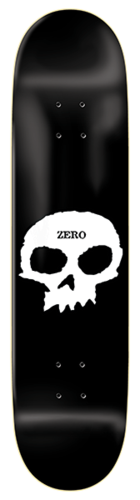 Zero Single Skull skateboard deck: Plain black deck with a large white ragged-edged skull centred on the lower half. The Zero name is printed in small serif capitals across the forehead.