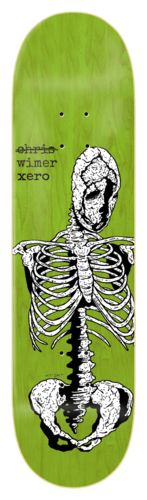 Zero Skeletal - Wimer 8.25 skateboard deck: Drawn skeleton torso with ribcage, spine and pelvis, its skull cracked and hollow, in black and white linework on a green stained deck. Rider name and brand are handwritten at the top, with the first name struck through.