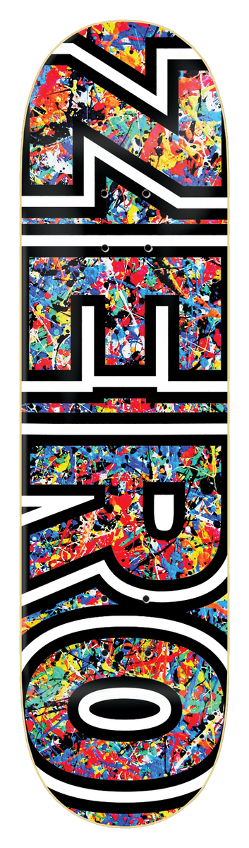 Zero Splatter Bold - Brockman skateboard deck: Black deck with huge white-outlined block letters spelling ZERO along its length, filled with multicoloured paint splatter in red, blue, yellow and green.