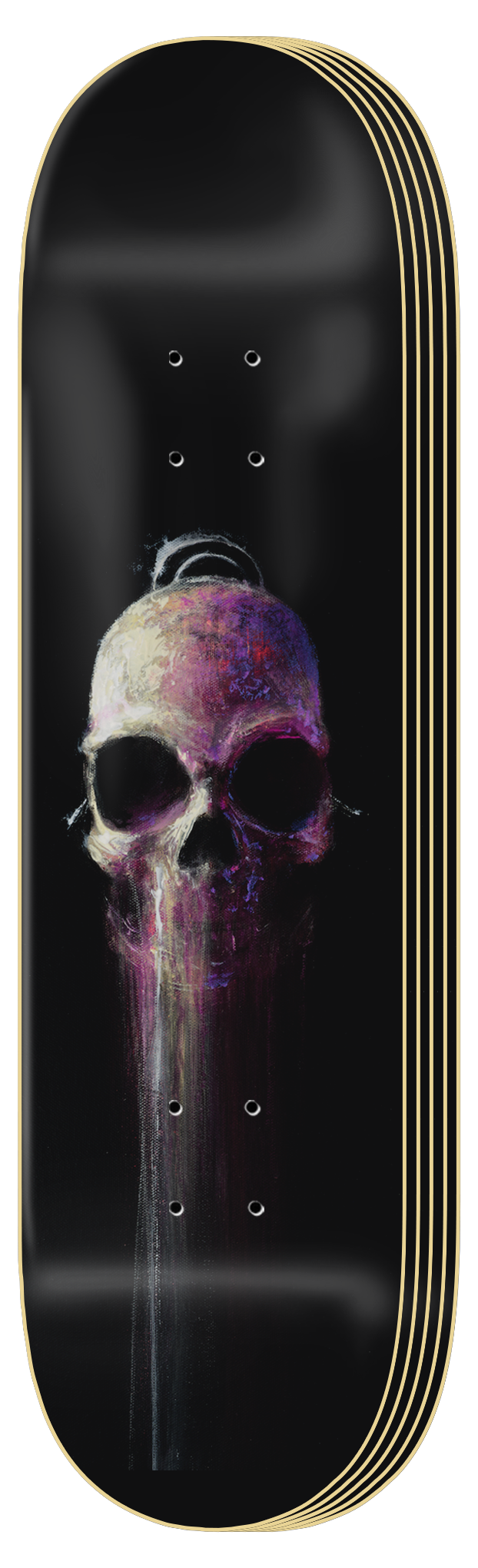 Zero Springfield Horror - 5 Set skateboard deck: Painterly skull in purple, pink and cream tones with paint dripping down from its jaw, on a black deck.