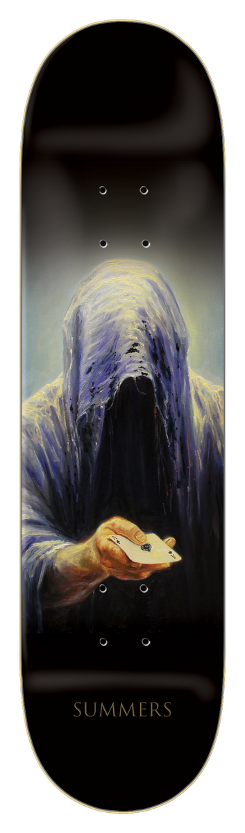 Zero Summers - Dont Be Afraid 8.0 skateboard deck: Realistic painting of a hooded, faceless figure in blue-grey robes holding out an open hand with a playing card, against a dark background with a pale glow. Rider name in small capitals at the tail.