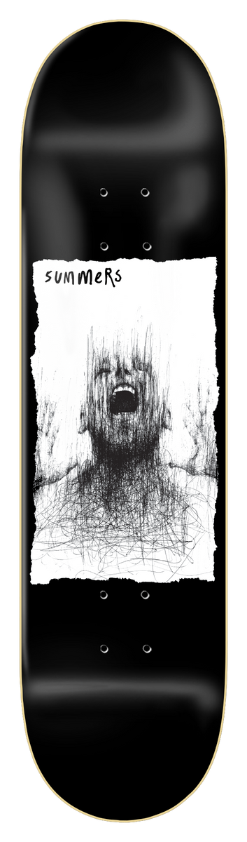 Zero Summers - Ilo Ballpoint skateboard deck: Black deck with a torn white paper panel holding a scribbled ballpoint-pen drawing of a screaming figure with raised hands, with the name summers handwritten at the top.