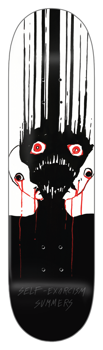 Zero Summers - Self Exorcism 8.375 skateboard deck: Black ink figure with a gaping fanged mouth and bloodshot red eyes, its face dripping in long vertical streaks, flanked by two pale heads weeping red blood, on a white upper half over black. Title and rider name in thin script at the tail.