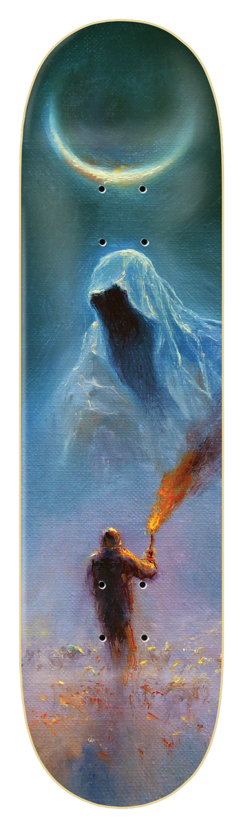 Zero Summers - When The Mind Sleeps skateboard deck: Moody oil-painting style scene of a lone figure holding a flaming torch walking towards a hooded ghostly shape in a snowy mountain landscape, under a crescent moon, in teal, blue and purple tones.