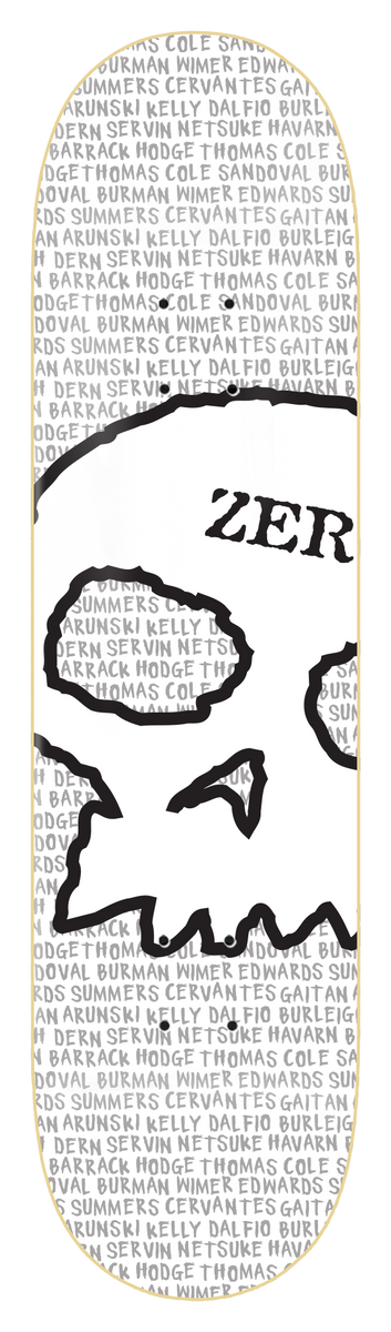 Zero Team Skull - Small Batch skateboard deck: Large black-outlined Zero skull with the Zero name at top, over a white background covered in repeated grey rider surnames.