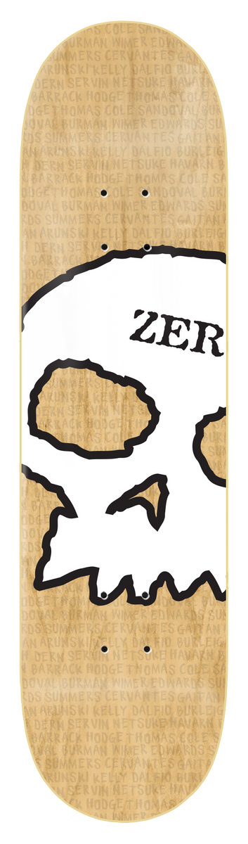 Zero Team Skull skateboard deck: Large white Zero skull with thick black outline and the Zero name at top, over a natural wood-stained deck with faint repeated rider surnames.