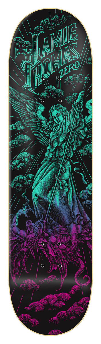 Zero Thomas - Archangel 8.25 skateboard deck: Engraving-style winged archangel in flowing robes spearing a dragon amid swirling clouds, rendered in teal fading to magenta on black. Jamie Thomas name in ornate lettering with Zero logo at the top.