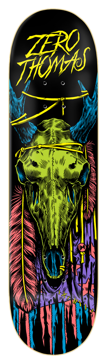 Zero Thomas - Black Light skateboard deck: Black-light poster style illustration of a green animal skull with blue horns, hung with yellow cord, pink feathers and a purple and pink fabric. Yellow brush lettering at the top.