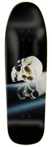 Zero Thomas - Death Awaits Cruiser skateboard deck: A photographic pale human skull rests on a reflective surface with its reflection beneath, on a black cruiser-shaped deck with a cream edge. Small Zero lettering is faintly printed on the skull.
