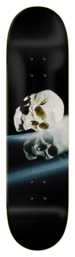 Zero Thomas - Death Awaits skateboard deck: A realistic photograph of a human skull resting on a glossy surface and reflected below it, set against a black deck. The Zero name is faintly printed on the skull.