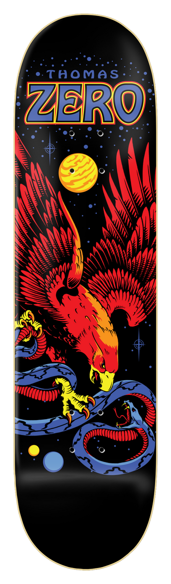 Zero Thomas - Eagle And Snake 8.25 skateboard deck: A red and orange eagle swoops down with talons on a blue snake against a starry black sky with a yellow moon and small planets. Rider and Zero names in blue and orange lettering at the top.