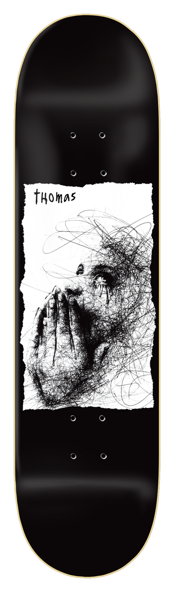 Zero Thomas - Ilo Ballpoint skateboard deck: Black deck with a torn white paper panel holding a scribbled ballpoint-pen drawing of a figure covering their mouth with a hand, with the name thomas handwritten at the top.