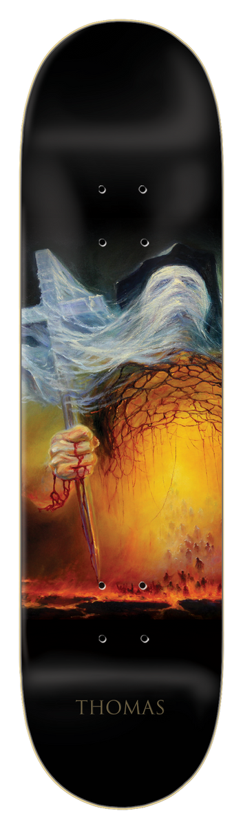 Zero Thomas - Katharsis II 8.5 skateboard deck: A painted scene of a ghostly white-robed figure with a flowing shroud, holding a blood-stained dagger in a clenched hand, above a glowing orange sky and a fiery horizon with a crowd of tiny figures; 'Thomas' in small gold letters at the base.