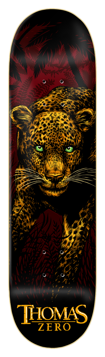 Zero Thomas - Leopard - *unsigned* skateboard deck: Detailed illustration of a prowling leopard with green eyes, stepping forward through dark red jungle foliage. 'Thomas Zero' in gold lettering at the bottom.