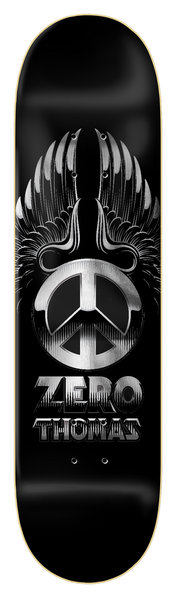 Zero Thomas - Metal Peace - Silver Foil 8.25 skateboard deck: A chrome-effect peace symbol with spread metallic wings above the words Zero Thomas in metallic lettering, on a glossy black deck.
