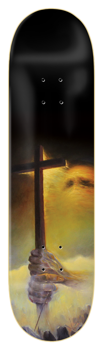 Zero Thomas - Monastery skateboard deck: Dark oil painting of a gloved hand gripping a tall wooden cross in front of a hazy yellow sky, with rocks at the bottom and a black upper half.