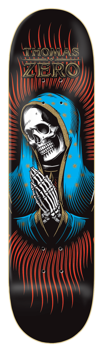 Zero Thomas - Our Lady 8.25 skateboard deck: Praying skeleton in a blue star-spangled hooded veil, in the style of a Madonna, set against radiating red lines on a black deck, with rider name and Zero lettering in gold at the top.
