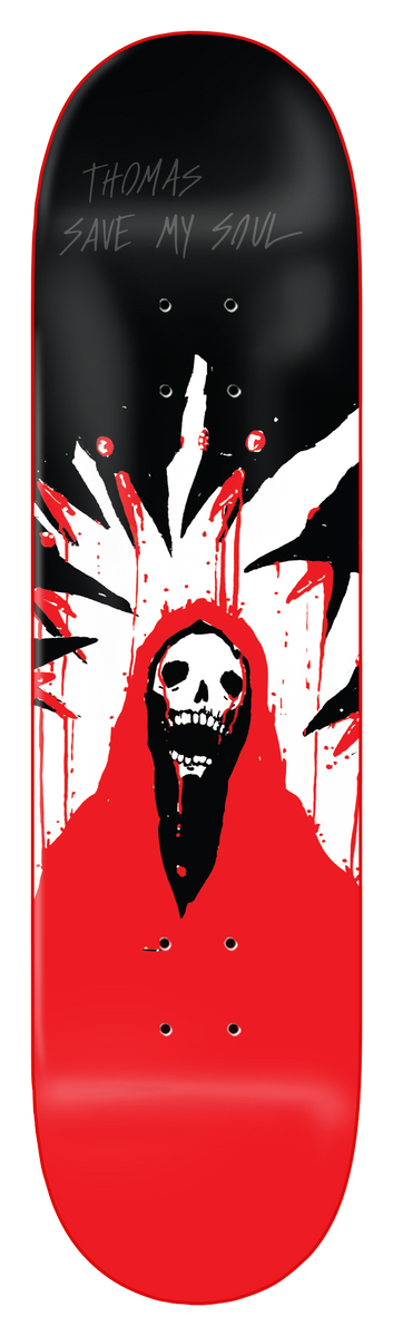 Zero Thomas - Save My Soul - Red Dip 8.25 skateboard deck: Hooded skull figure with a bleeding mouth in a red robe, with white jagged rays and red drips behind, on a deck with black top and red dipped lower half. Thomas Save My Soul in scratchy grey type at the top.