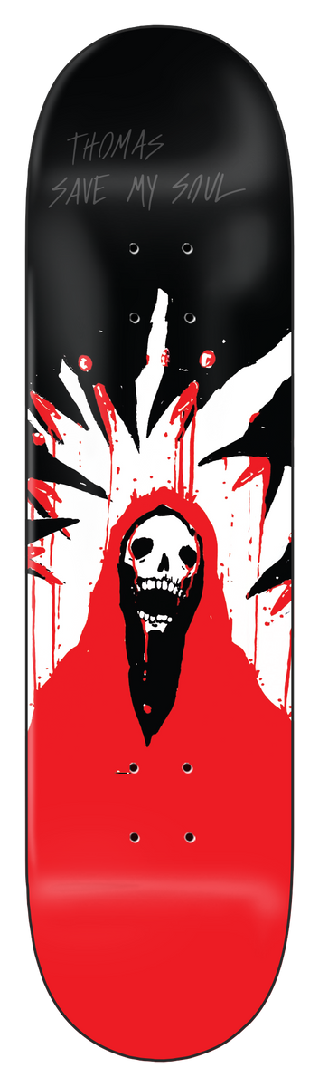 Zero Thomas - Save My Soul 8.25 skateboard deck: Skull-faced figure in a red hood with blood dripping from its mouth, standing before white jagged spikes splattered with red, on a black deck above a solid red lower half. Scratchy title and rider name at the top.