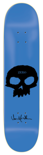 Zero Thomas - Signature Single Skull 7.625 skateboard deck: Single large black ragged-edged skull centred on a plain blue deck, with ZERO printed on the forehead and a rider signature in black below.