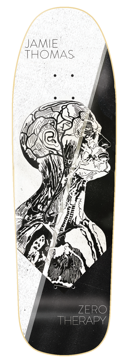 Zero Thomas - Therapy 9.5 Cruiser skateboard deck: An anatomical engraving of a human head and neck in profile showing muscles and veins, on a wide shaped deck split diagonally between white and black, with the rider name at the top and Zero Therapy at the bottom.