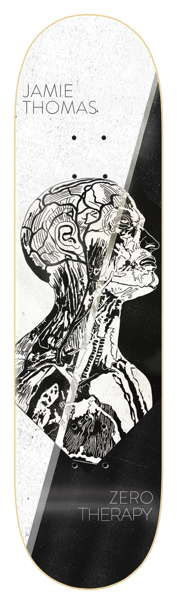 Zero Thomas - Therapy 8.5 skateboard deck: An anatomical engraving of a human head and neck in profile showing muscles and veins, set on a deck split diagonally between white and black, with the rider name at the top and Zero Therapy at the bottom.