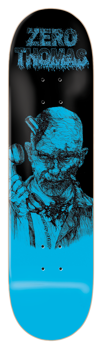 Zero Thomas - Zombie 8.0 & 8.25 skateboard deck: Black deck with a blue pen-style drawing of a decaying zombie in a jacket holding an old telephone receiver to his head, with a cleaver in his skull. Blue dripping lettering at the top and a solid blue tail.