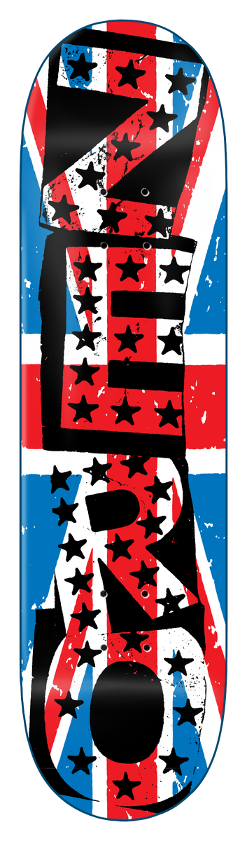 Zero Uk Punk 8.25 skateboard deck: Union Jack flag design with black stars scattered across it and a large ragged black 'ZERO' lettering running down the length of the deck.