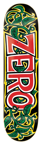 Zero Vines skateboard deck: The Zero logo in large red, white-outlined block letters runs the length of the board, entwined with green leafy vines and yellow outlines on a black background.