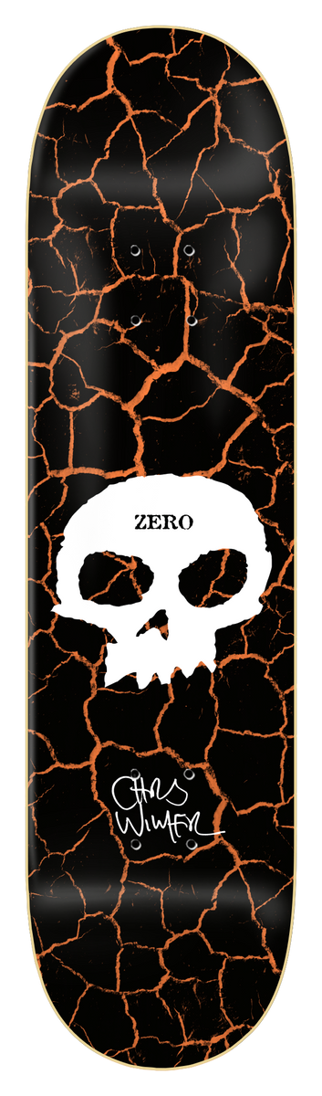 Zero Wimer - Cracked Earth - 8.375 skateboard deck: Large white Zero skull with the word ZERO above it, over a black deck covered in glowing orange cracks like dry or scorched earth, with a white signature below.