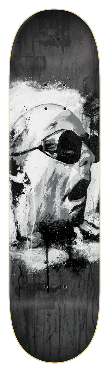 Zero Wimer - Doc 8.5 skateboard deck: Black and white painted, splattered portrait of a bald head in profile wearing round dark sunglasses, mouth open, with white paint streaks and black drips running down the deck.