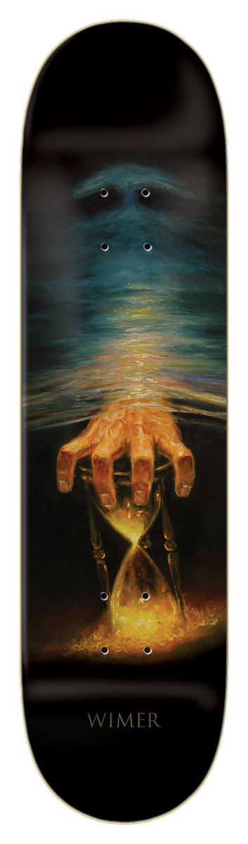 Zero Wimer - Fourth Dimension 8.375 skateboard deck: A painted scene of a glowing orange hand gripping an hourglass of golden sand, below a swirling blue and gold sea or sky with a dim face in the dark above; 'Wimer' appears in small gold letters at the tail.
