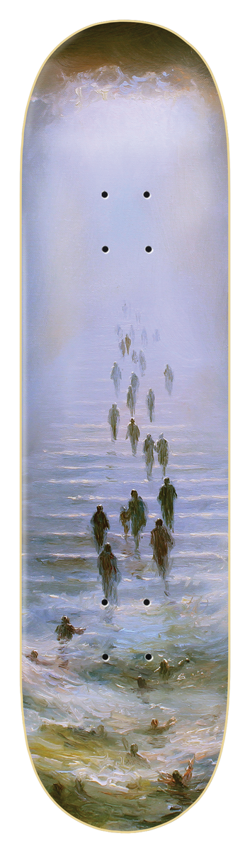 Zero Wimer - Miraculously Saved skateboard deck: Soft blue and lilac oil painting of a line of dark figures walking across the sea towards the viewer, with swimmers struggling in rough water at the bottom.