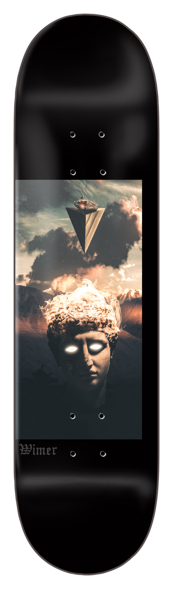 Zero Wimer - Muff - 8.625 skateboard deck: Photographic panel of a classical stone bust with glowing white eyes under a stormy sky, with an inverted triangular shape floating above, on a glossy black deck. Rider name in small gothic script.
