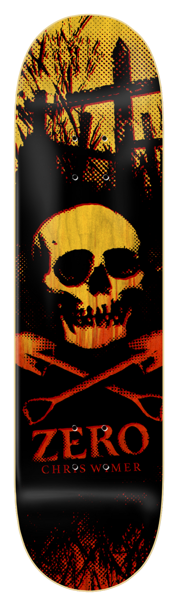 Zero Wimer - Shallow Grave 8.5 skateboard deck: A halftone-style skull above two crossed shovels, in front of a graveyard fence and silhouetted grass, in yellow and orange on black. 'Zero' and 'Chris Wimer' are printed at the tail.