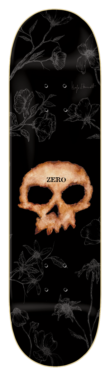 Zero Wimer - Single Skull Flowers skateboard deck: Black deck with a skull painted in watercolour-like orange and cream brown tones at the centre, Zero printed on its forehead, surrounded by faint grey line drawings of flowering stems and blossoms.