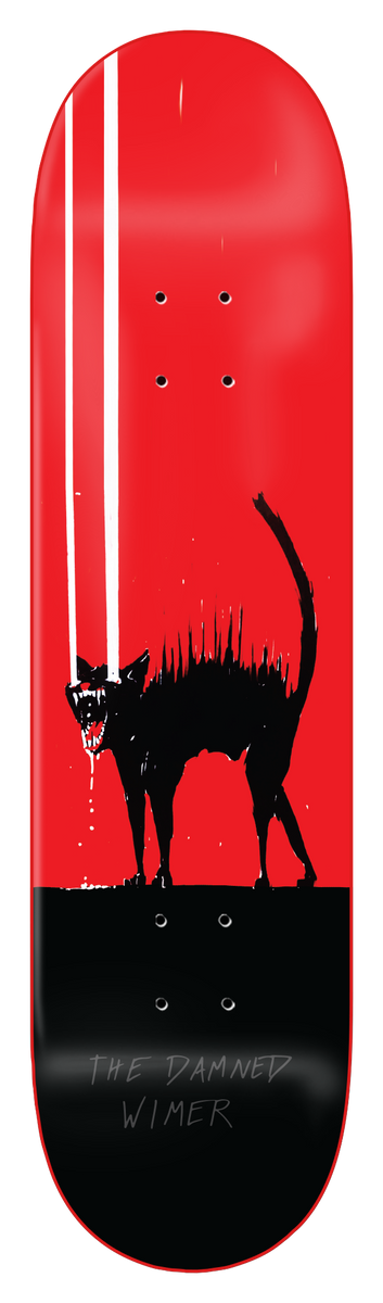 Zero Wimer - The Damned - Red Dip 8.0 skateboard deck: Black scrawled snarling cat with arched back and bristling fur, with white vertical beams from its eyes, on a red deck with a black dipped lower end. The Damned Wimer in scratchy grey type at the foot.