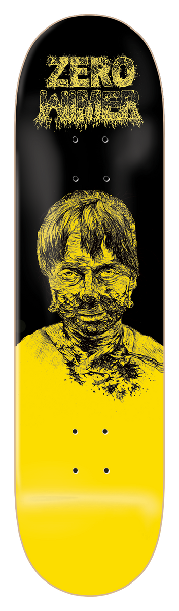 Zero Wimer - Zombie 8.5 skateboard deck: Black deck with a yellow pen-style drawing of a decaying zombie man with a bloodied neck, under dripping yellow lettering. Lower half is solid yellow.