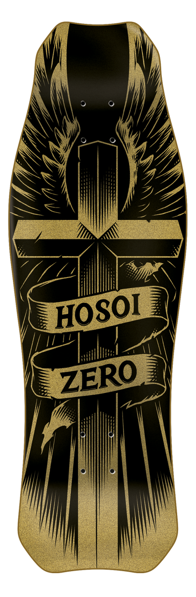 Zero Wings Of Glory Hammerhead Gold - Hosoi skateboard deck: A winged cross in black line-work with radiating beams, crossed by a scroll banner reading 'Hosoi Zero', all on a black deck with gold glitter print. Shaped hammerhead nose.