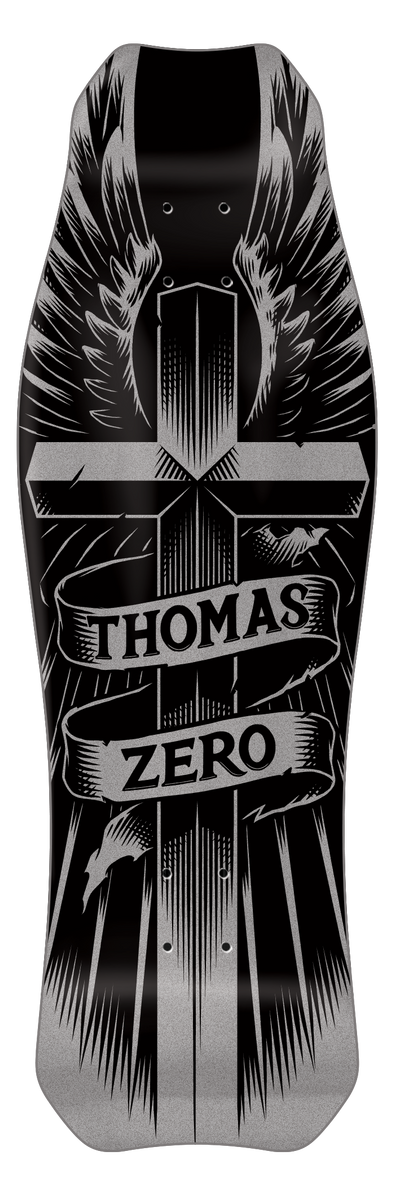 Zero Wings Of Glory Hammerhead Silver - Thomas skateboard deck: A winged cross in black line-work with radiating beams, crossed by a scroll banner reading 'Thomas Zero', printed on a black deck with a silver glitter finish. Shaped hammerhead nose.