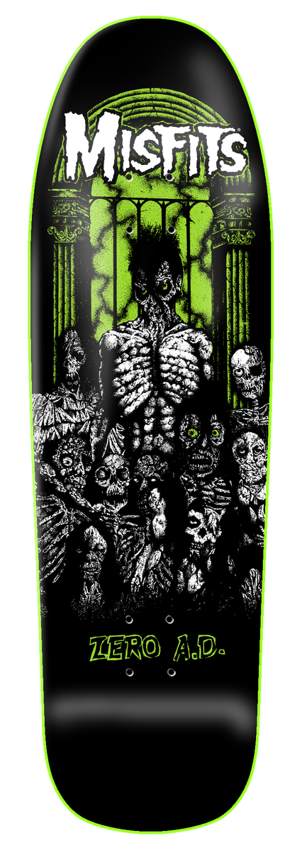 Zero A.d. - 9.5 skateboard deck: Black shaped deck with a Misfits logo at the top and a drawn crowd of zombie-like skulls and figures around a spiky-haired corpse before a green arched gateway, with a green outline around the edge.