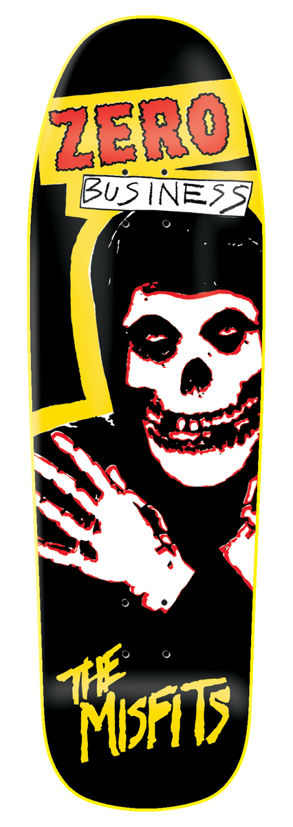Zero Business - 9.5 skateboard deck: Old-school shaped black deck with a yellow outline and speech-bubble style header reading ZERO BUSINESS, above a white and red Misfits-style skull and hand. THE MISFITS is in yellow at the bottom.