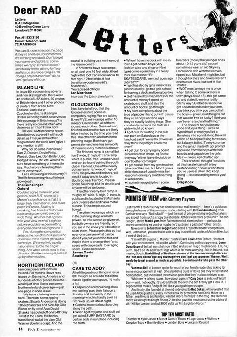 R.a.D Magazine Letters Page November 1989